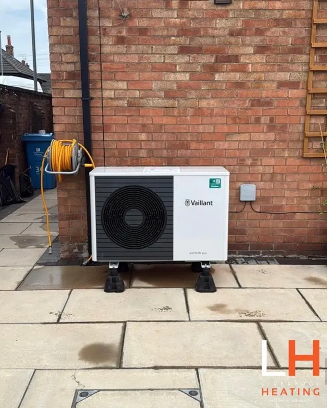 A Vaillant air source heat pump installed on a patio