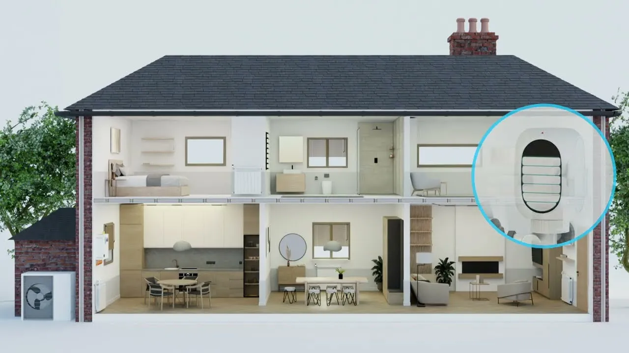 A cutaway house showing Adia's hub and radiator valves